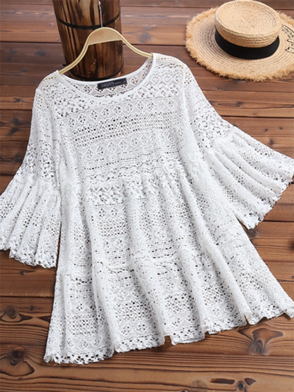 Women Mid Sleeve Lace Hollow Out Casual Blouses