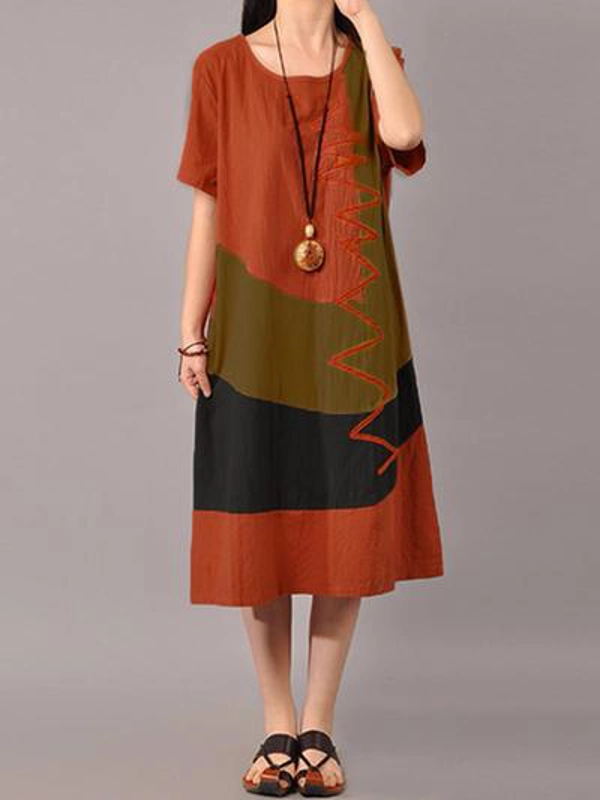 Women Short Sleeve Color Patchwork Casual Cotton Linen A-line Dress