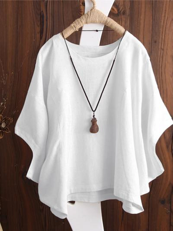 Batwing Sleeve Round Neck Solid Color Cotton Blouses