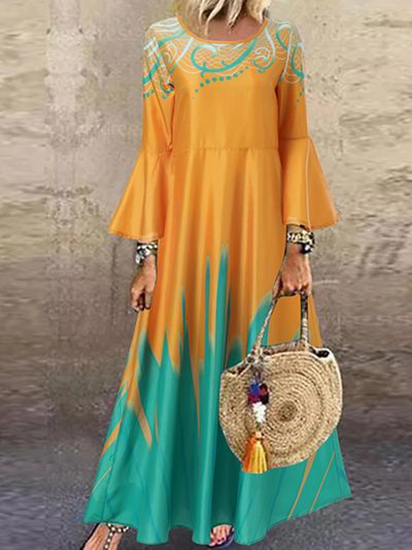 Long Sleeve Printed Long Dress