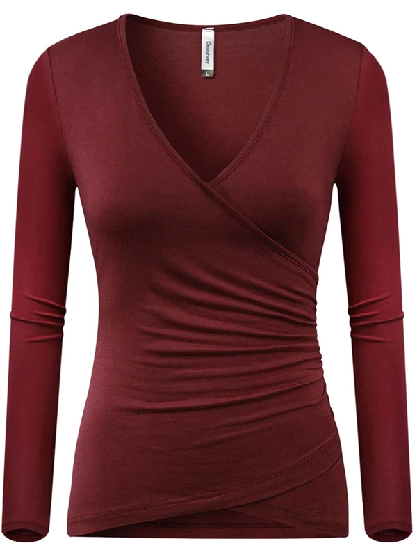 V Neck Slim Fitted T-Shirt Front Surplice Wrap Short/Long Sleeve Tees