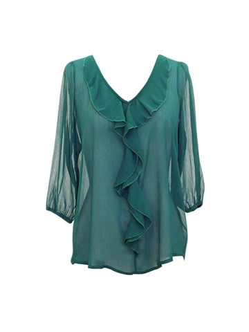 Hunter Green Sheer Chiffon Top With Ruffled Neckline Size Medium
