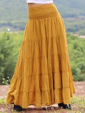 Elastic Waist Plain Pleated Long Skirts