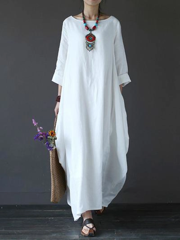 Women Mid Sleeve Casual Loose Cotton Linen Long Cocoon Dress