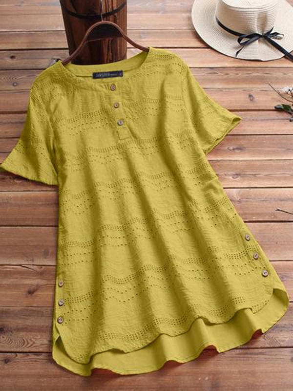 Women Short Sleeve Solid Tee Top Lace Embroidery T-shirt