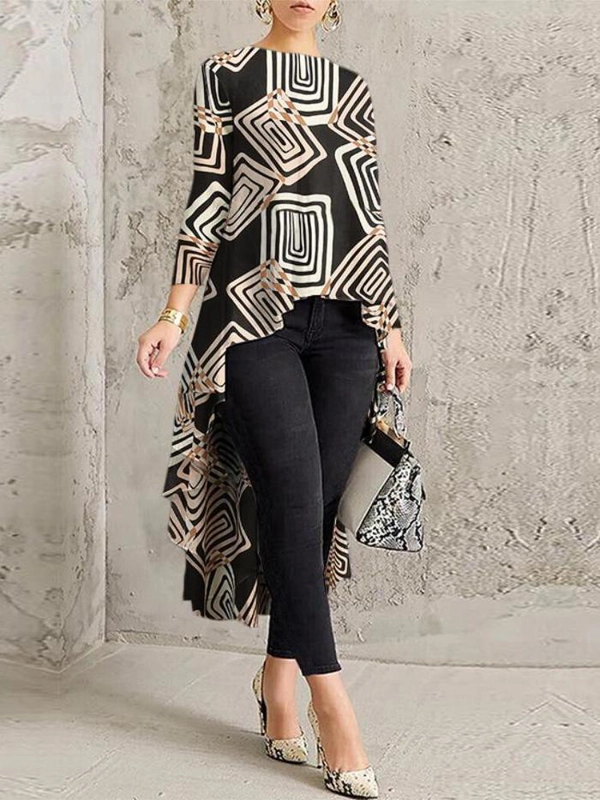 Retro Printed Long Sleeve Tops Shirt Asymmetrical Waterfall Blouse