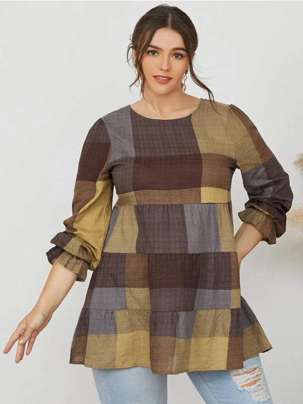 Round Neck Bubble Cotton And Linen Check Top