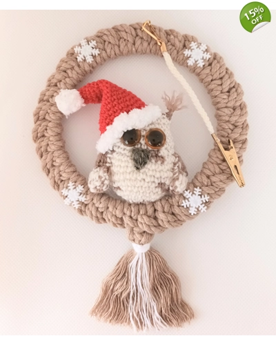 Handmade Macrame Wreath (Beige) with handmade owl-3 Handmade Macrame Wreath (Beige) with handmade owl-3