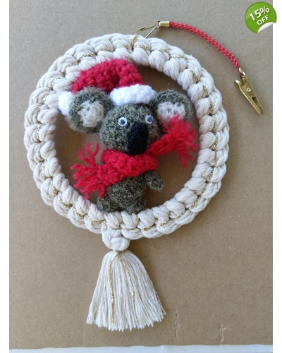 Handmade macrame wreath with handmade Koala standing in the wreath Handmade macrame wreath with handmade Koala standing in the wreath