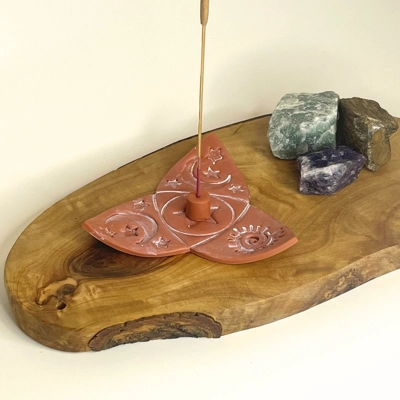 Handcrafted Terracotta Polymer Clay Triquetra Pagan Sun, Moon, Star Incense Holder. Trinity Knot Inc Handcrafted Terracotta Polymer Clay Triquetra Pagan Sun, Moon, Star Incense Holder. Trinity Knot Inc