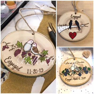 Personalized Engagement Wood Ornament. Love Birds Hanging Wood Slice. Personalized Engagement Wood Ornament. Love Birds Hanging Wood Slice.