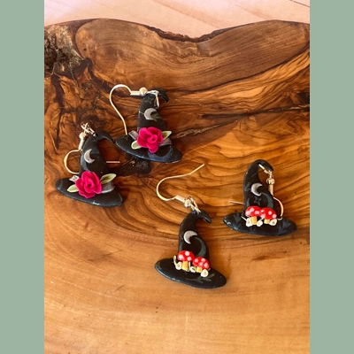 Handmade Floral, Mushroom Witches Hat Polymer Clay Earrings. Halloween Earrings. Witch Earrings. Handmade Floral, Mushroom Witches Hat Polymer Clay Earrings. Halloween Earrings. Witch Earrings.
