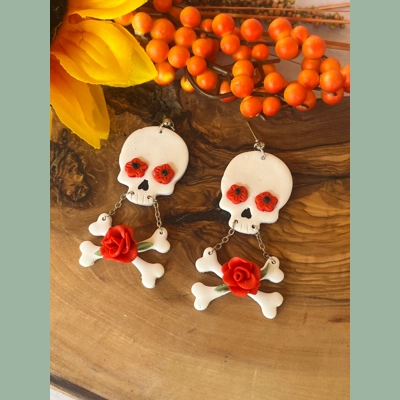 Handmade Skull and Cross Bones Red Rose Earrings. All Hallows, Halloween, Skeleton, Clay Earrings. Handmade Skull and Cross Bones Red Rose Earrings. All Hallows, Halloween, Skeleton, Clay Earrings.
