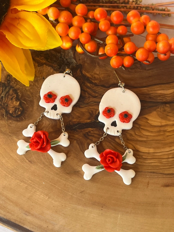 Handmade Skull and Cross Bones Red Rose Earrings. All Hallows, Halloween, Skeleton, Clay Earrings.