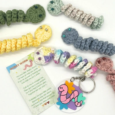Hand Crocheted Worry Worm Fidget Toy with Personalized Keychain. Stress Toy. Anxiety Tot. ADHD Toy. Hand Crocheted Worry Worm Fidget Toy with Personalized Keychain. Stress Toy. Anxiety Tot. ADHD Toy.
