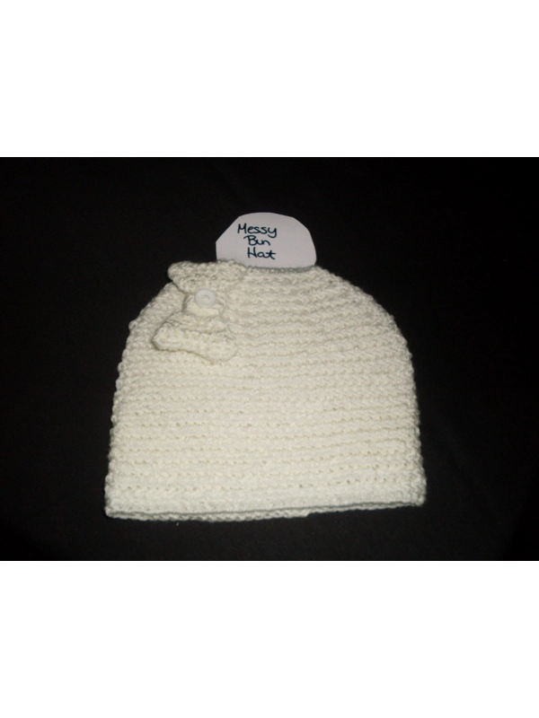 Hand Crocheted Cream Messy Bun Hat With Removable Bow