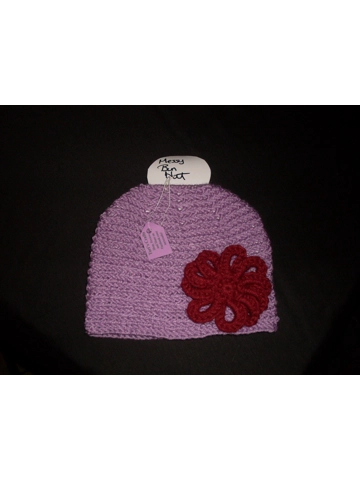 Hand Crocheted Purple Messy Bun Hat With Burgundy Flower