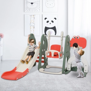5-in-1 Toddler Slide and Swing Set, Kids Play Climber Slide Playset w/Basketball Hoop, Soccer Goal, Golf