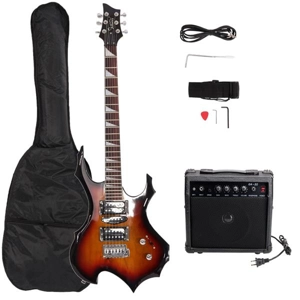 Glarry 36inch Burning Fire Style Electric Guitar Sunset w/ 20W Amplifier