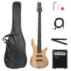 GIB 5 String Electric Bass Guitar SS Pickups and Amp Natural