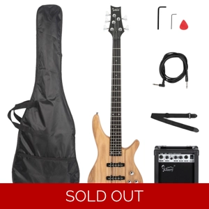 GIB 5 String Electric Bass Guitar SS Pickups and Amp Natural