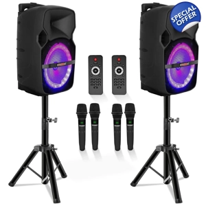 2Pc Bluetooth 400W Active Rechargeable Outdoor PA DJ System w 4 Wireless Mic