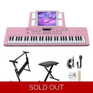 GEP-110 61 Key Lighting Keyboard with Piano Stand, Piano Bench, Built In Speakers Pink