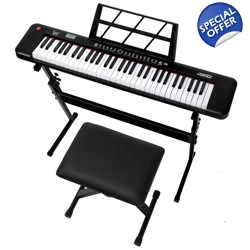 Glarry 61 Key Lighted Beginner Keyboard with Piano Stand, Piano Bench