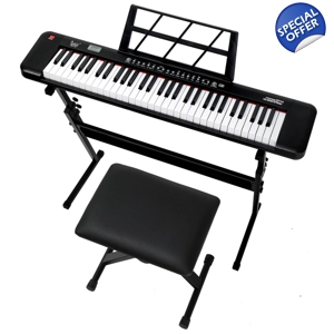 Glarry 61 Key Lighted Beginner Keyboard with Piano Stand, Piano Bench