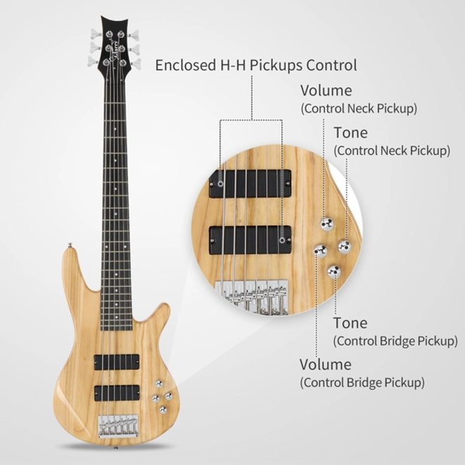 Additional Image for Glarry Full Size GIB 6 String H-H Pickup Electric Bass Guitar