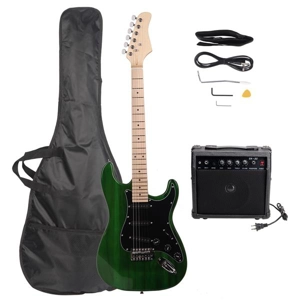 ST-Style Green Electric Guitar Starter Kit with Black Pickguard + 20W Amp, Gig Bag & Accessories (Ri