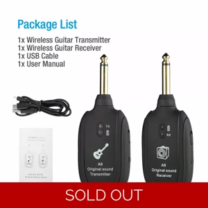UHF Guitar Wireless System Transmitter+Receiver Built In Rechargeable Battery