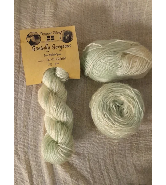 Goatally Gorgeous Pure Mohair Yarn, Hand Dyed in mint cream tones (v)