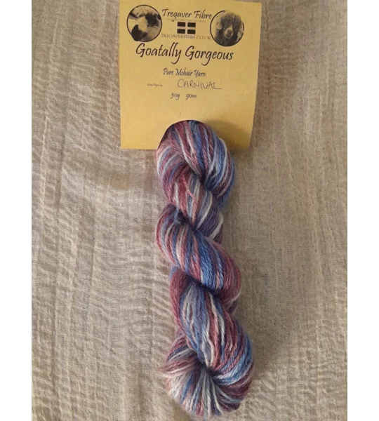 Goatally Gorgeous Pure Mohair Yarn, Hand Dyed in Carnival blue/cream/pink/purple tones (v)