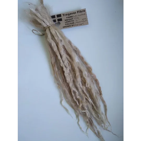 Suri Alpaca locks, 10g, caramel, 12" locks, undyed, washed.