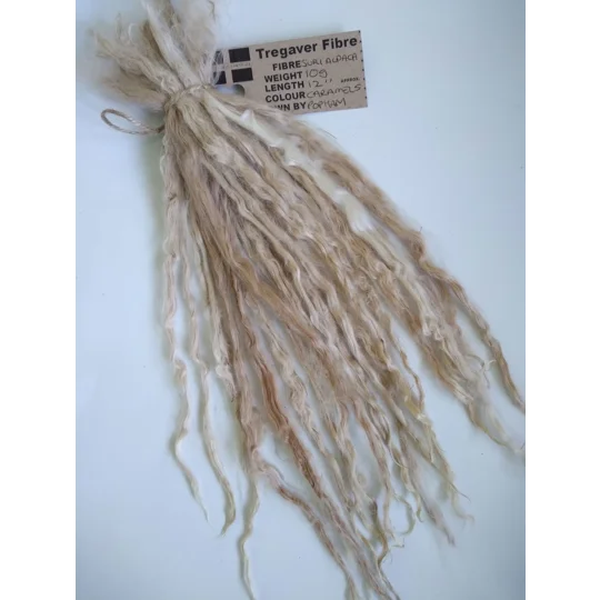 Suri Alpaca locks, 10g, caramel, 12" locks, undyed, washed.