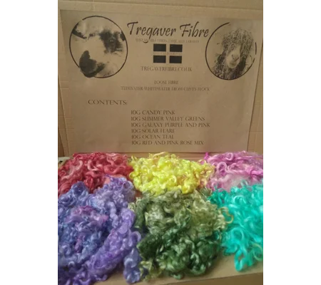 6 colour curly wool box for felting, fibre arts and doll hair