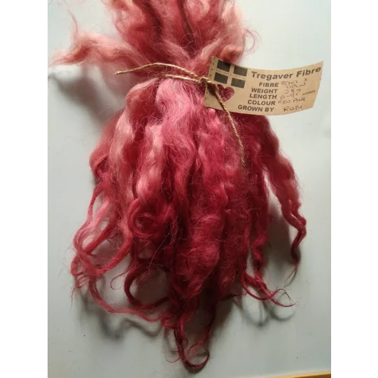 red and pink wavy wool locks, 6-9" texel x DevonCornwall longwool, 28g