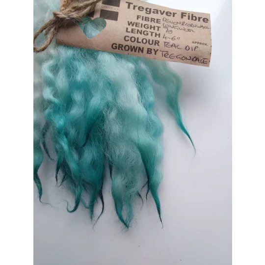 Teal dip wavy crimped mini wool locks, hand washed + dyed, 4-6, 7g