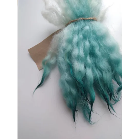 Teal dip wavy crimped mini wool locks, hand washed + dyed, 4-6, 7g