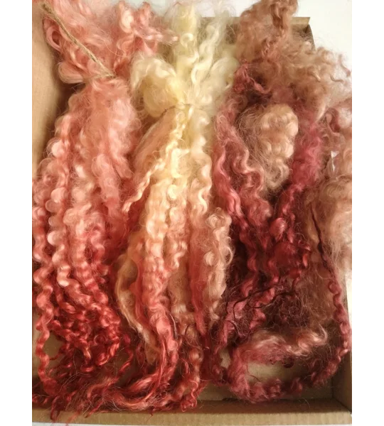 Pink, heather, rhubarb custard curly wool lock box, 10g each (v)
