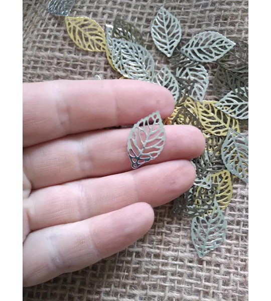 Miniature metal filigree leaf, gold bronze or silver colours