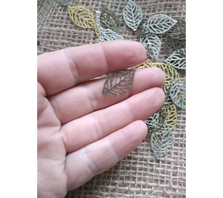 Miniature metal filigree leaf, gold bronze or silver colours