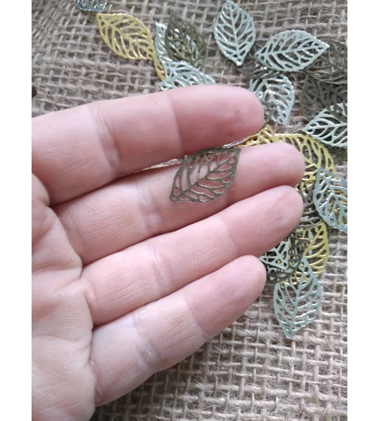 Miniature metal filigree leaf, gold bronze or silver colours
