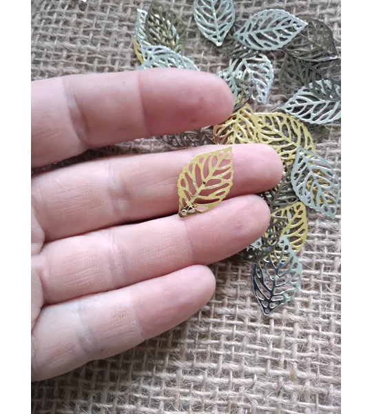 Miniature metal filigree leaf, gold bronze or silver colours