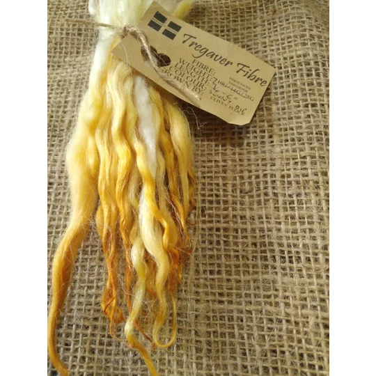 Sunny (yellow/orange) dip wavy white faced dartmoor wool locks, 7g