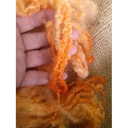 Hand dyed Blue Faced Leicester wool , hand dyed curly wool locks, orange felting wool, orange felting wool for felters, felting, doll makers, doll hair, and other fibre arts