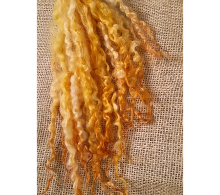 Sunny yellow and orange Masham Curly wool Locks, approx 8-12", 10g