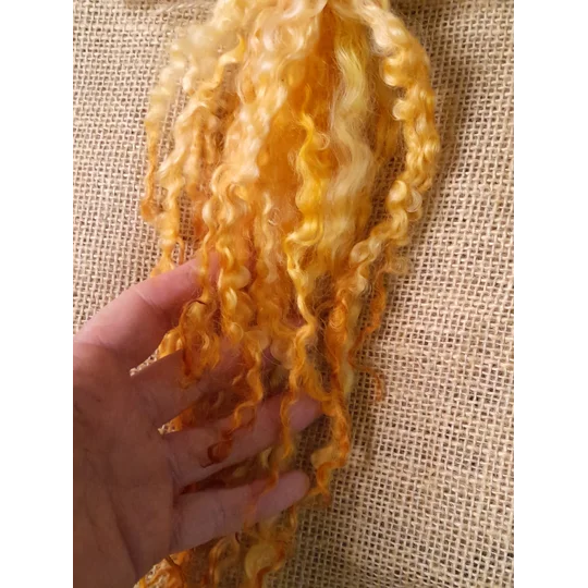 Sunny yellow and orange Masham Curly wool Locks, approx 8-12", 10g
