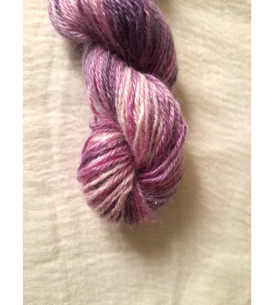 hand dyed yarn, mohair yarn, non synthetic yarn, pink yarn, purple yarn.